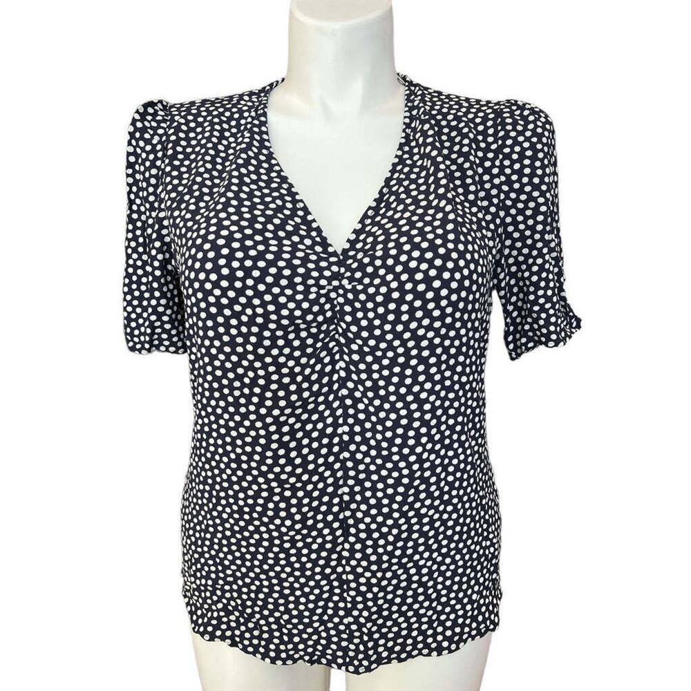 Boden Navy and White Polka Dot V-Neck Blouse